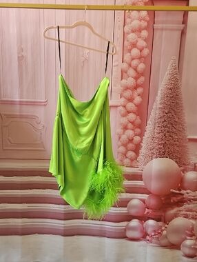 Retrofete Neon Lime Green Feather-sleeve   Dress
